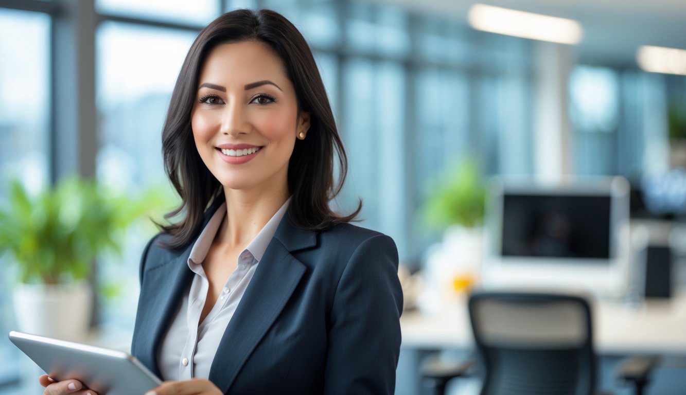 Seorang wanita profesional berdiri di kantor modern dengan senyum hangat dan memegang tablet.