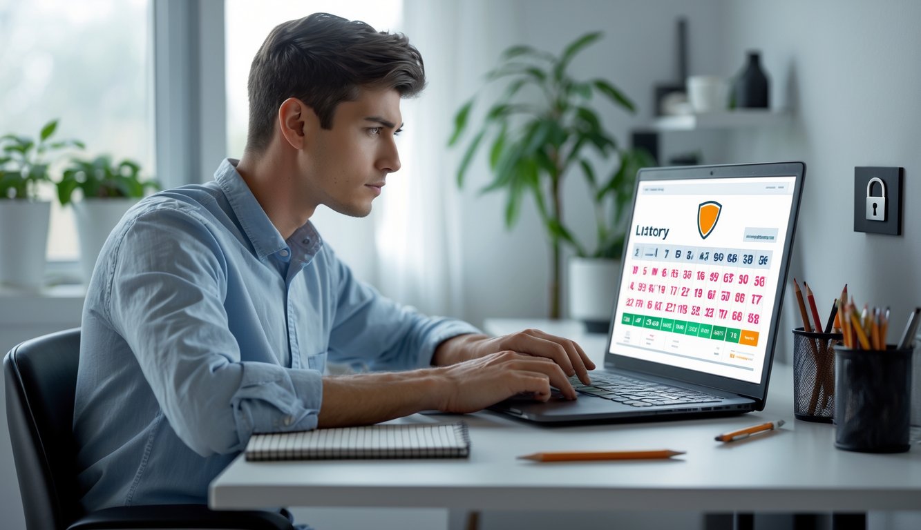 Seseorang duduk di meja dengan laptop, fokus bermain togel online dengan suasana ruangan yang rapi dan aman.