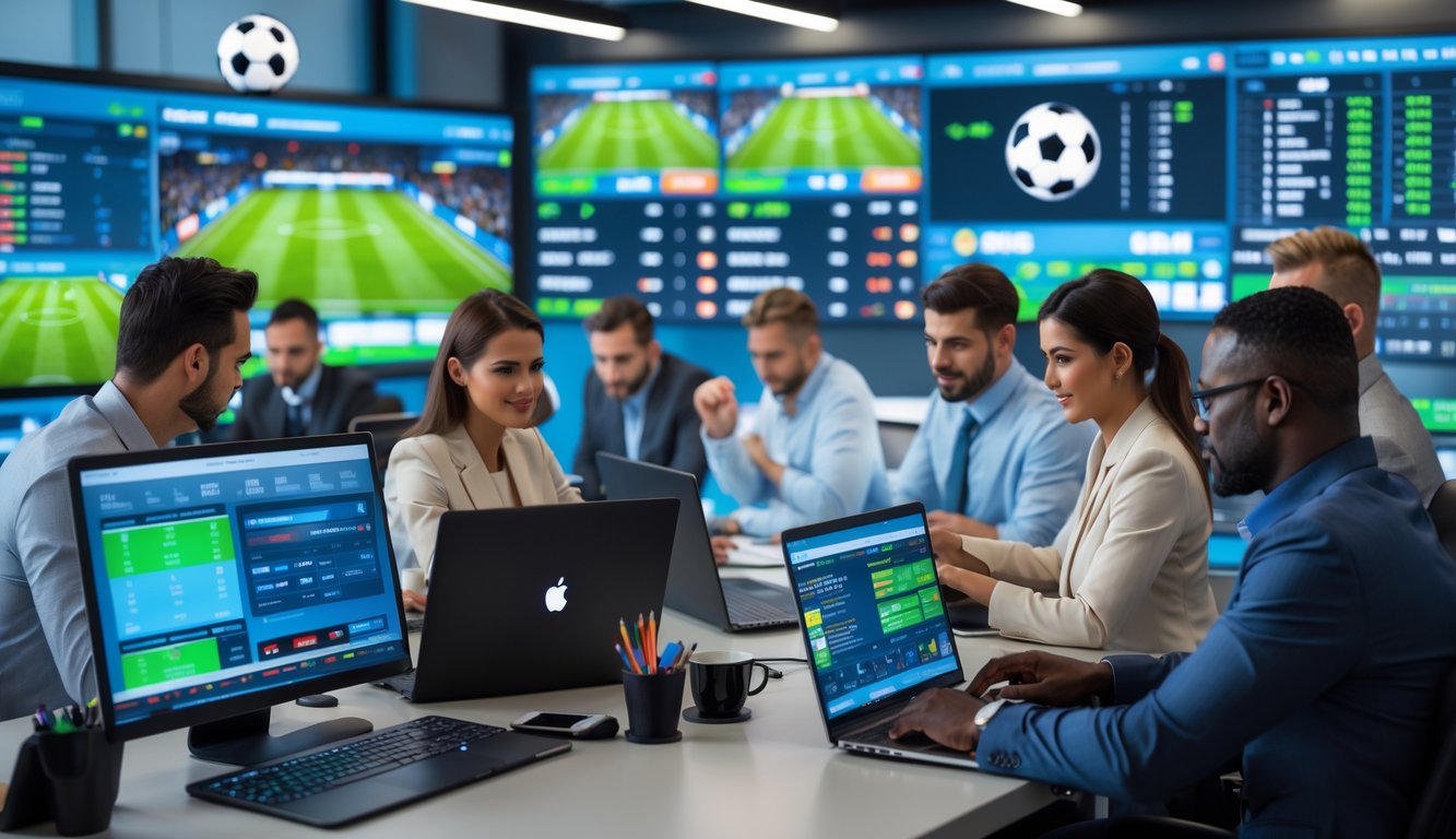 Orang-orang di kantor modern sedang menganalisis pertandingan sepak bola dan memasang taruhan menggunakan komputer dan ponsel.