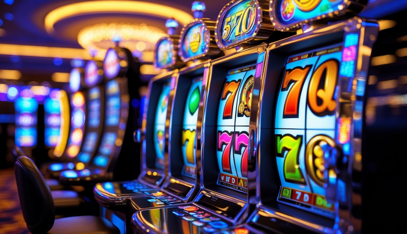 Mesin slot digital modern dengan gulungan berwarna cerah di dalam kasino yang ramai.