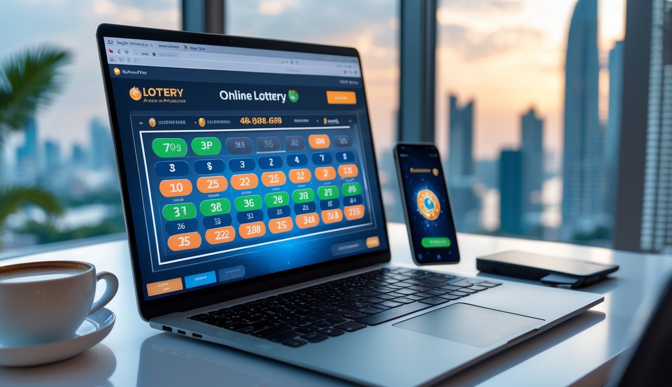 Meja kerja modern dengan laptop dan ponsel yang menampilkan antarmuka permainan lotere digital, serta secangkir kopi di atas meja.