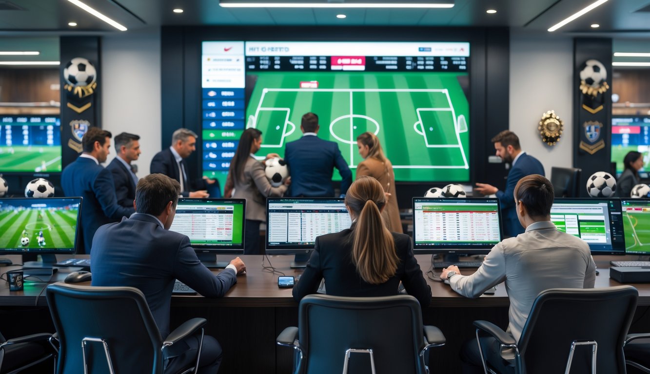 Orang-orang sedang memasang taruhan pada pertandingan sepak bola di sebuah ruang taruhan modern dengan layar digital besar yang menampilkan statistik dan peluang pertandingan.
