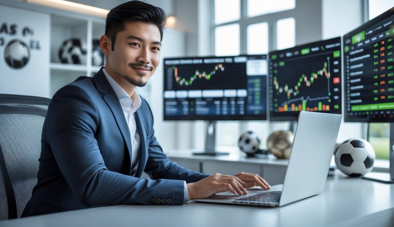 Seorang pria Asia bekerja di kantor dengan layar komputer yang menampilkan statistik pertandingan sepak bola dan peluang taruhan.