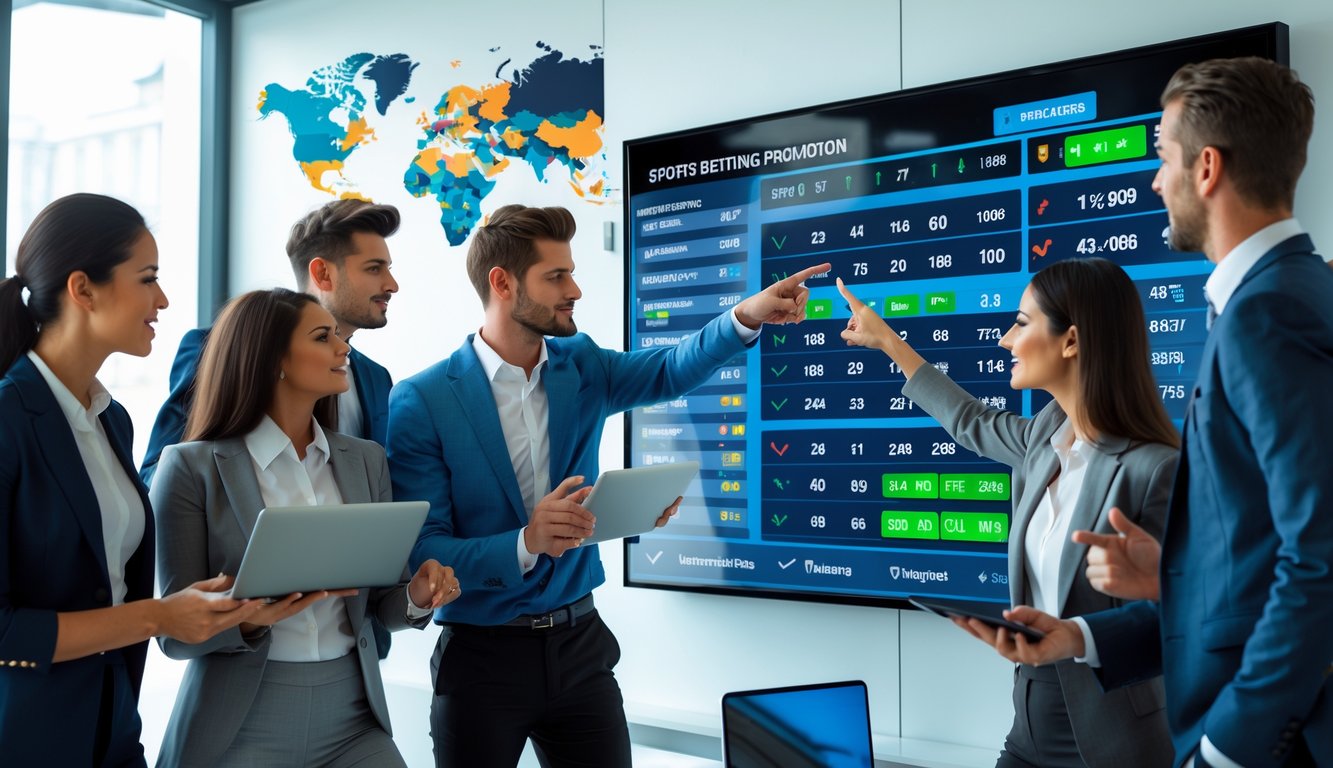 Sekelompok orang muda sedang berdiskusi di kantor modern dengan layar besar yang menampilkan statistik pertandingan sepak bola dan data taruhan.