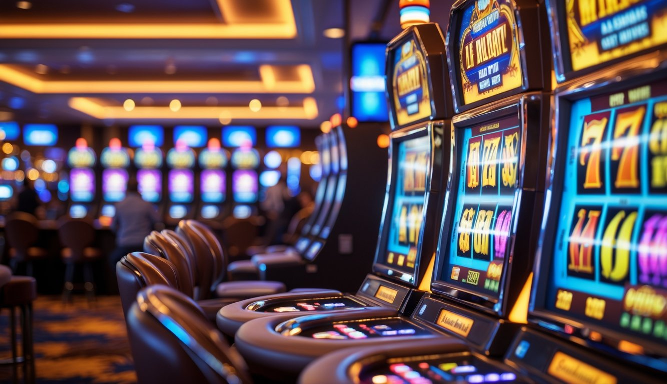 Area mesin slot kasino dengan lampu warna-warni dan orang-orang yang tampak senang bermain.