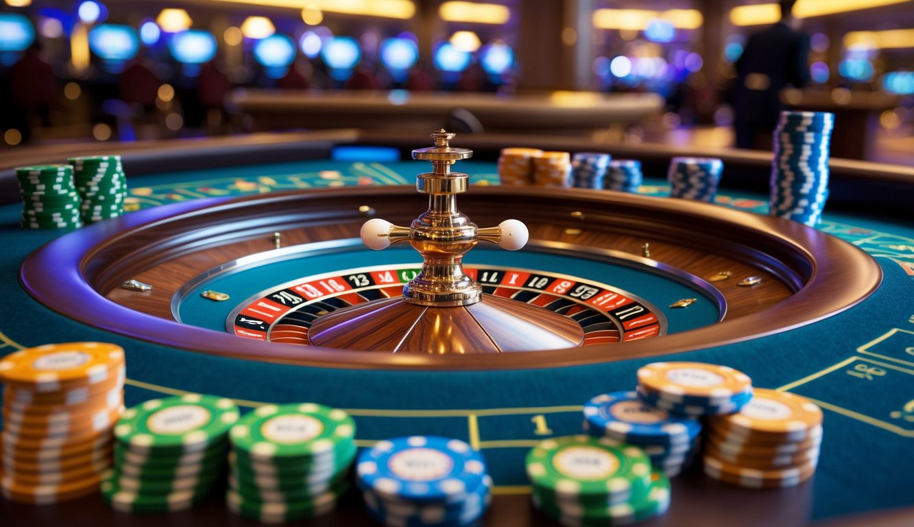 Meja roulette kasino dengan roda berputar dan tumpukan chip warna-warni di sekitarnya.
