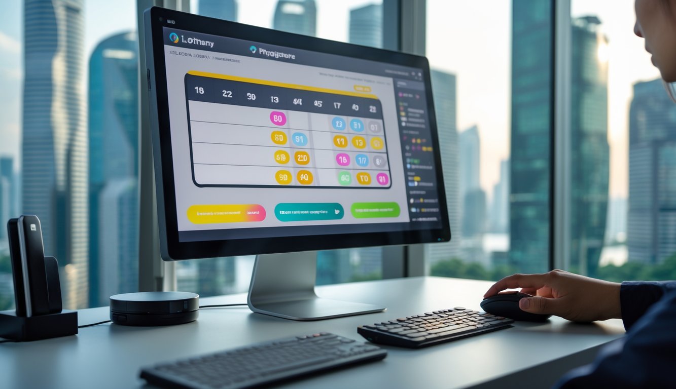 Suasana kantor modern dengan komputer menampilkan antarmuka lotere digital dan latar belakang pemandangan kota Singapura.