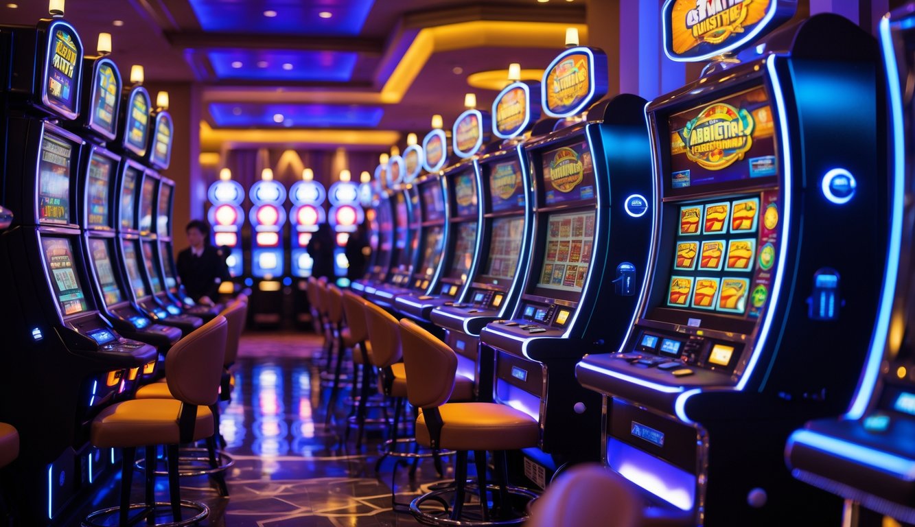Suasana kasino dengan mesin slot berwarna-warni yang menyala dan beberapa orang bermain di sekitarnya.