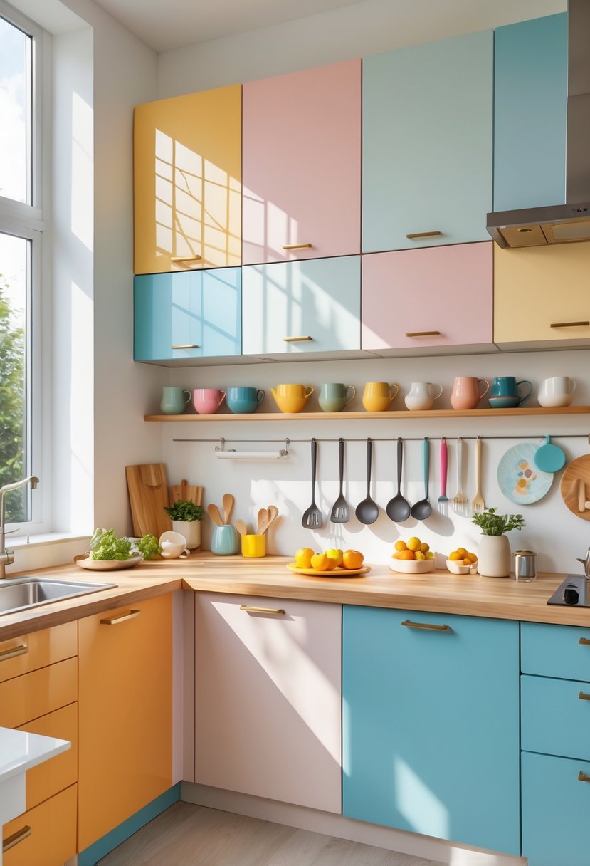 Pantone-Like Kitchen Color Trends For Modern And Timeless Design 2 A modern kitchen interior displaying a variety of colorful cabinets, countertops, and decor items arranged to show multiple coordinated colors.