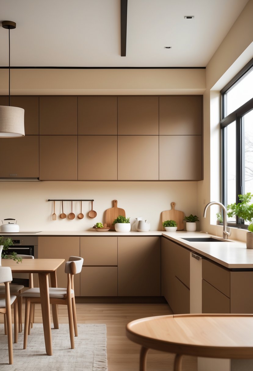 Pantone-Like Kitchen Color Trends For Modern And Timeless Design 4 A modern kitchen with soft brown cabinets, creamy countertops, a wooden dining table, and green plants, illuminated by natural light.