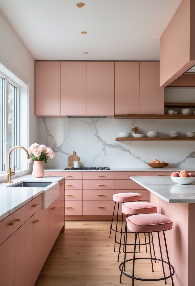 Pantone-Like Kitchen Color Trends For Modern And Timeless Design 6 A modern kitchen with blush pink cabinets, white marble countertops, wooden shelves, and natural light coming through large windows.