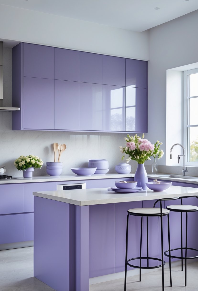 Pantone-Like Kitchen Color Trends For Modern And Timeless Design 7 A modern kitchen with periwinkle-colored cabinets, stainless steel appliances, and natural light coming through large windows.