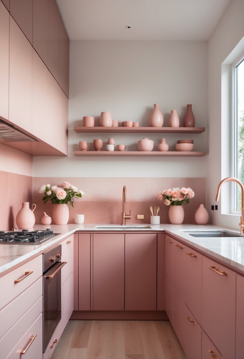 Pantone-Like Kitchen Color Trends For Modern And Timeless Design 8 A modern kitchen with cabinets, countertops, and decor in various shades of pink and rose tones, illuminated by natural light.