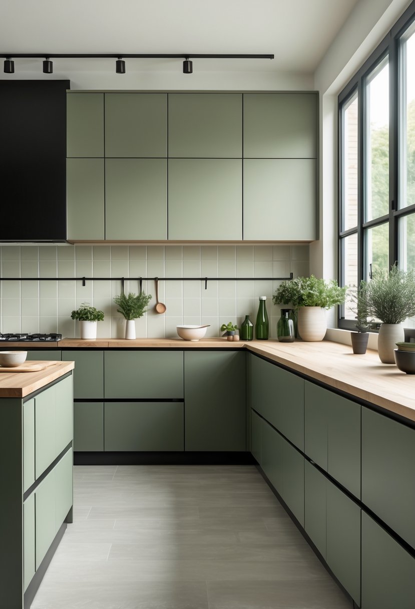Pantone-Like Kitchen Color Trends For Modern And Timeless Design 9 A modern kitchen with cabinets in various dusty green shades, natural wood countertops, and kitchen accessories arranged neatly.