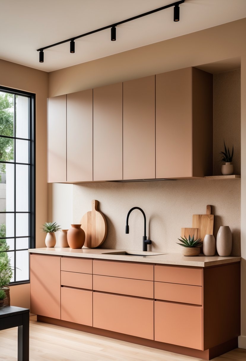 Pantone-Like Kitchen Color Trends For Modern And Timeless Design 10 A modern kitchen with warm earthy tones, featuring cabinetry, countertops, and natural light, decorated with plants and kitchen accessories.