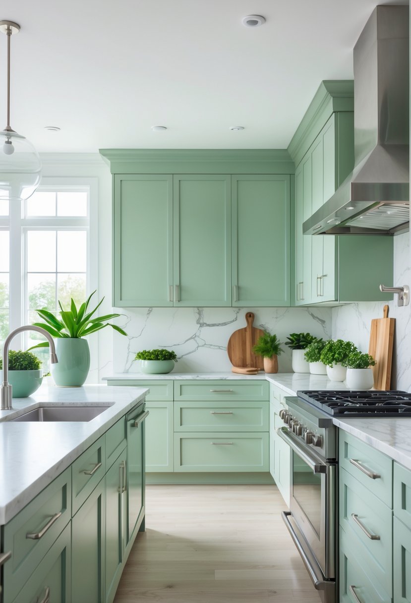 Pantone-Like Kitchen Color Trends For Modern And Timeless Design 11 A modern kitchen with seafoam green cabinets, white marble countertops, stainless steel appliances, and natural light coming through large windows.