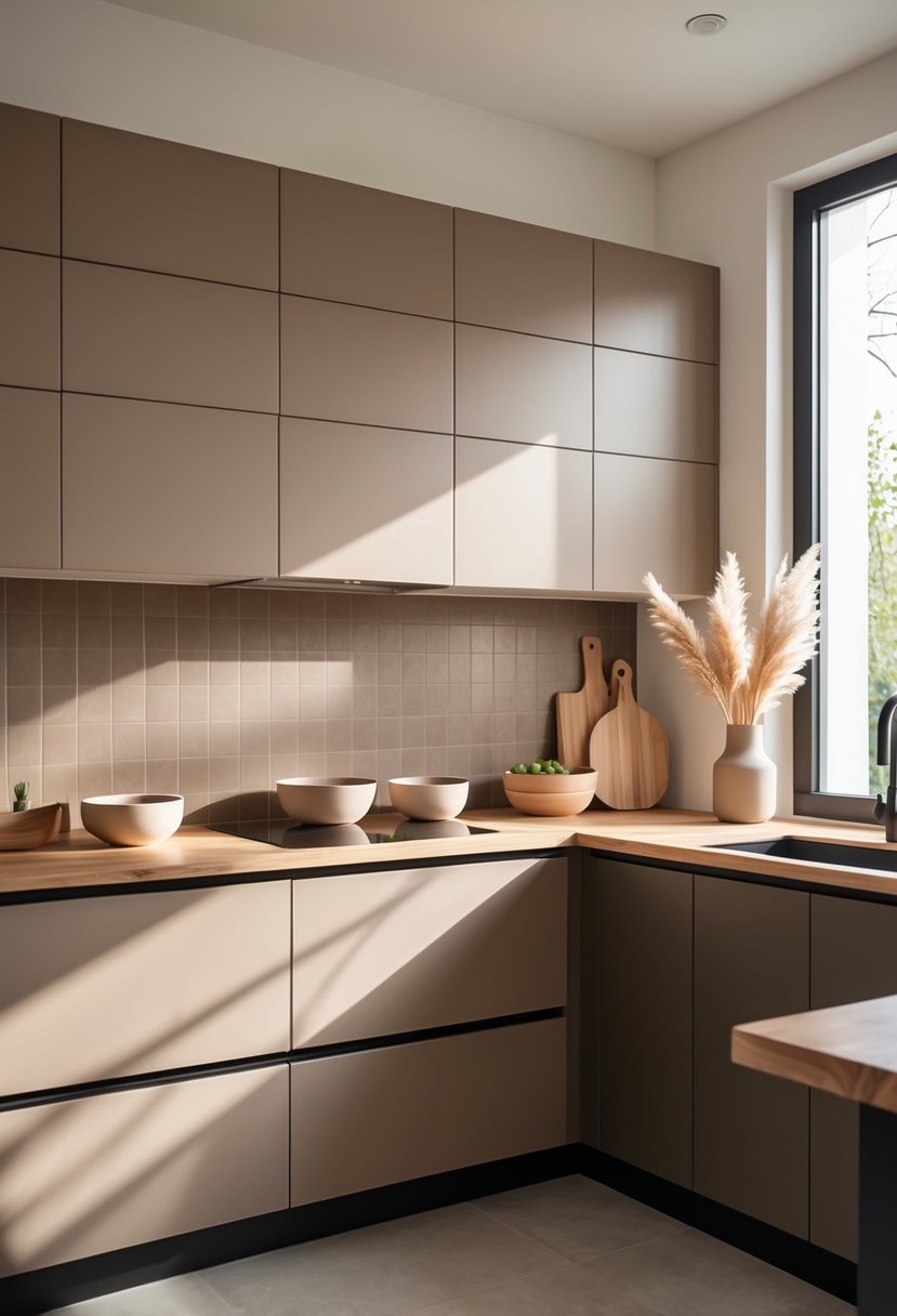 Pantone-Like Kitchen Color Trends For Modern And Timeless Design 12 A modern kitchen with taupe-colored cabinets, wooden countertops, and natural light coming through a window.