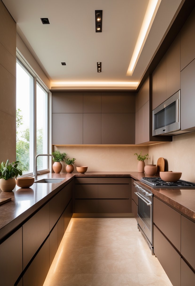 Pantone-Like Kitchen Color Trends For Modern And Timeless Design 13 A modern kitchen with chocolate brown cabinets, wooden countertops, stainless steel appliances, and natural light coming through large windows.