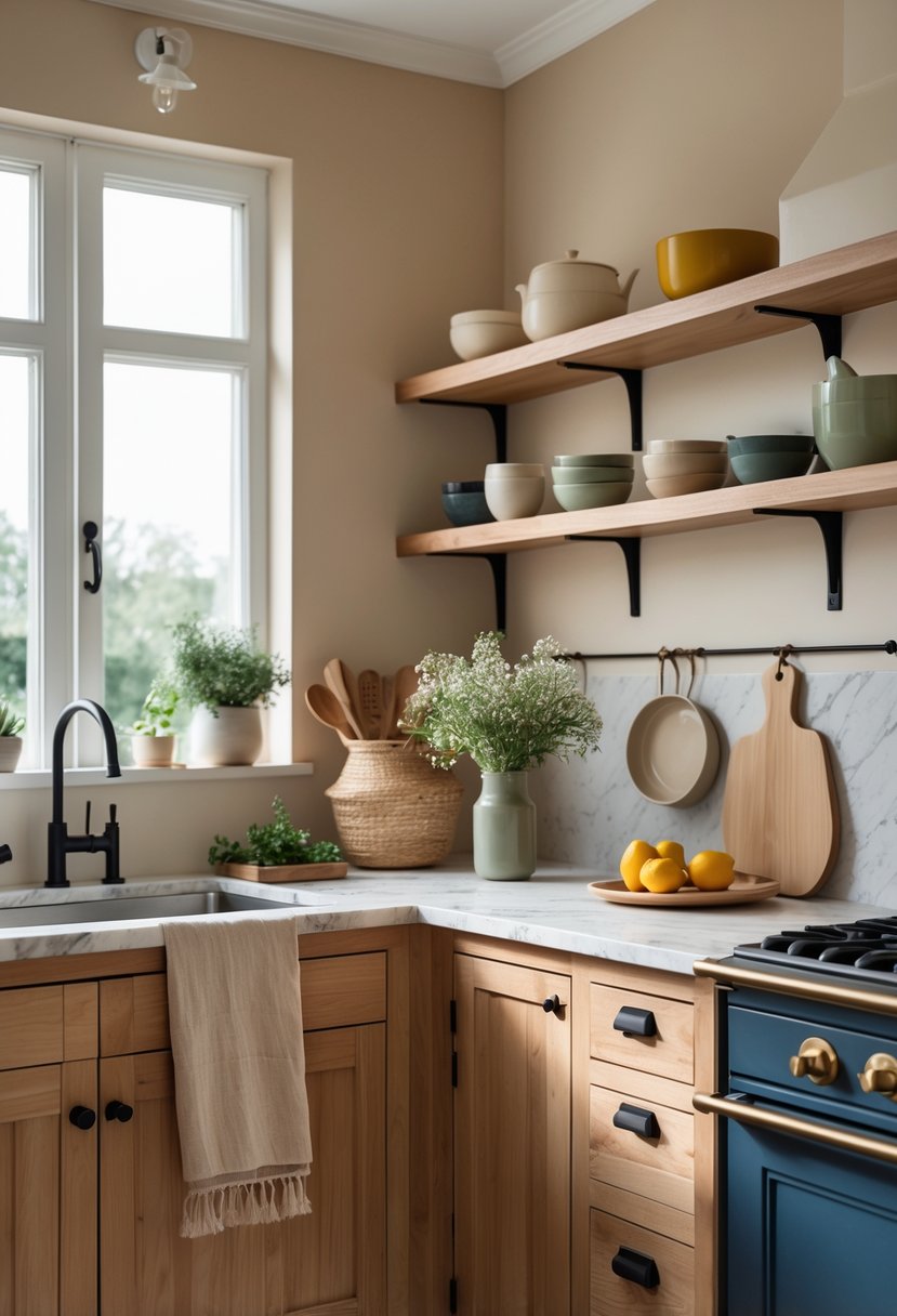 Pantone-Like Kitchen Color Trends For Modern And Timeless Design 14 A cozy kitchen with warm colored cabinets, marble countertops, open shelves with dishes and plants, and soft natural light coming through a window.