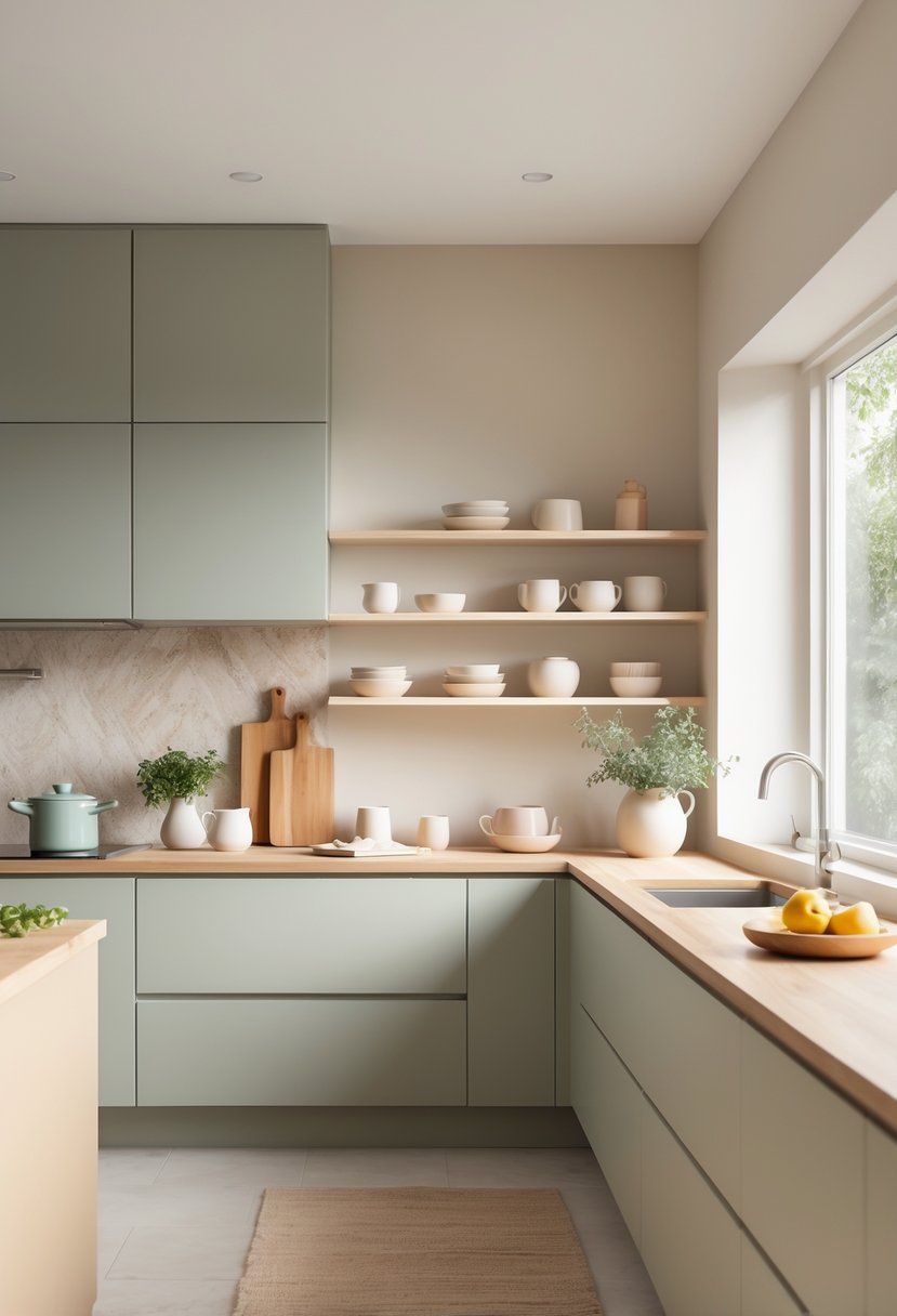 Pantone-Like Kitchen Color Trends For Modern And Timeless Design 15 A modern kitchen with soft green, beige, grey, and pink tones, featuring wooden countertops, open shelves with dishes, and natural light coming through large windows.