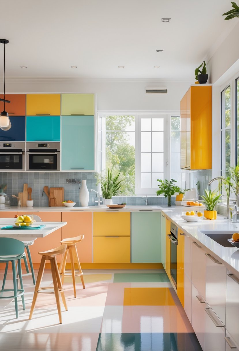 Pantone-Like Kitchen Color Trends For Modern And Timeless Design 16 A modern kitchen with cabinets, countertops, and accessories in a variety of colorful shades inspired by a 2024 color palette, illuminated by natural light.