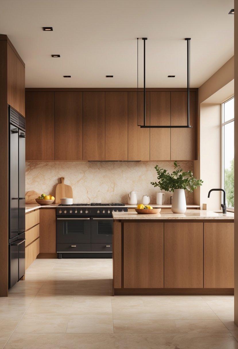 Pantone-Like Kitchen Color Trends For Modern And Timeless Design 17 A modern kitchen with brown wood cabinets, beige marble countertops, a kitchen island with fruit and plants, and large windows letting in natural light.