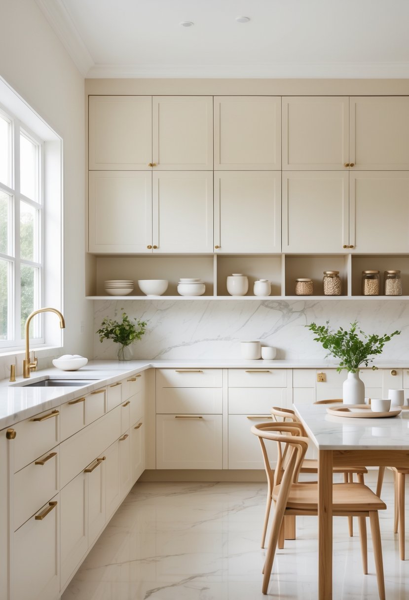 Pantone-Like Kitchen Color Trends For Modern And Timeless Design 18 A modern kitchen with cream and soft white cabinets, marble countertops, a wooden dining table with white chairs, and natural light filling the room.