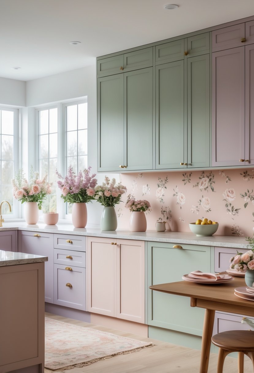 Pantone-Like Kitchen Color Trends For Modern And Timeless Design 19 A modern kitchen with muted floral-colored cabinets, light countertops, floral-patterned backsplash, fresh flowers in vases, and a wooden dining table set with pastel dishware.