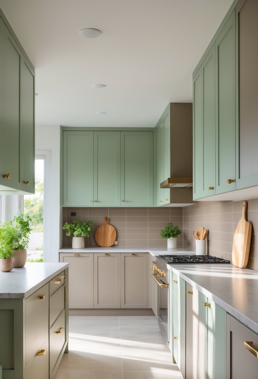 Pantone-Like Kitchen Color Trends For Modern And Timeless Design 21 A modern kitchen with soft green and taupe cabinets, light countertops, natural light, and potted plants on the counter.
