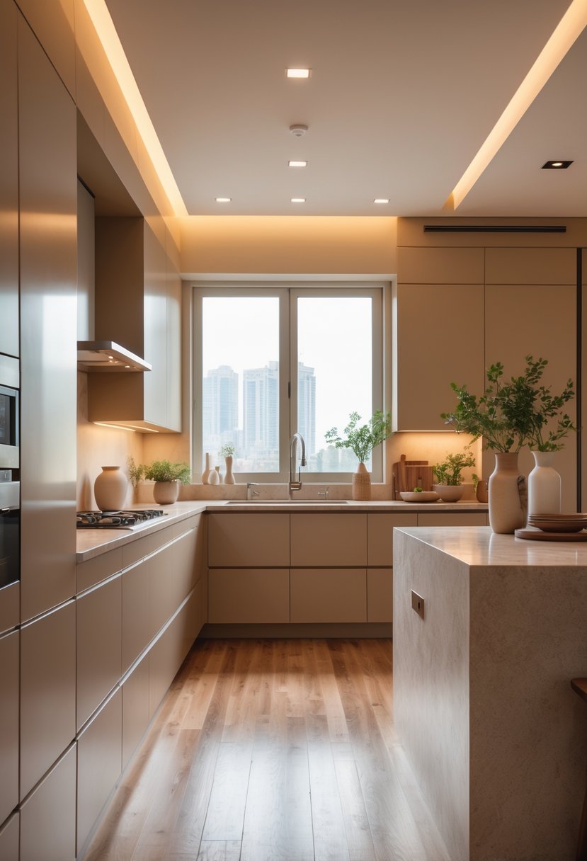 Pantone-Like Kitchen Color Trends For Modern And Timeless Design 22 A modern kitchen with warm beige and brown cabinets, a marble island, stainless steel appliances, and natural light coming through large windows.