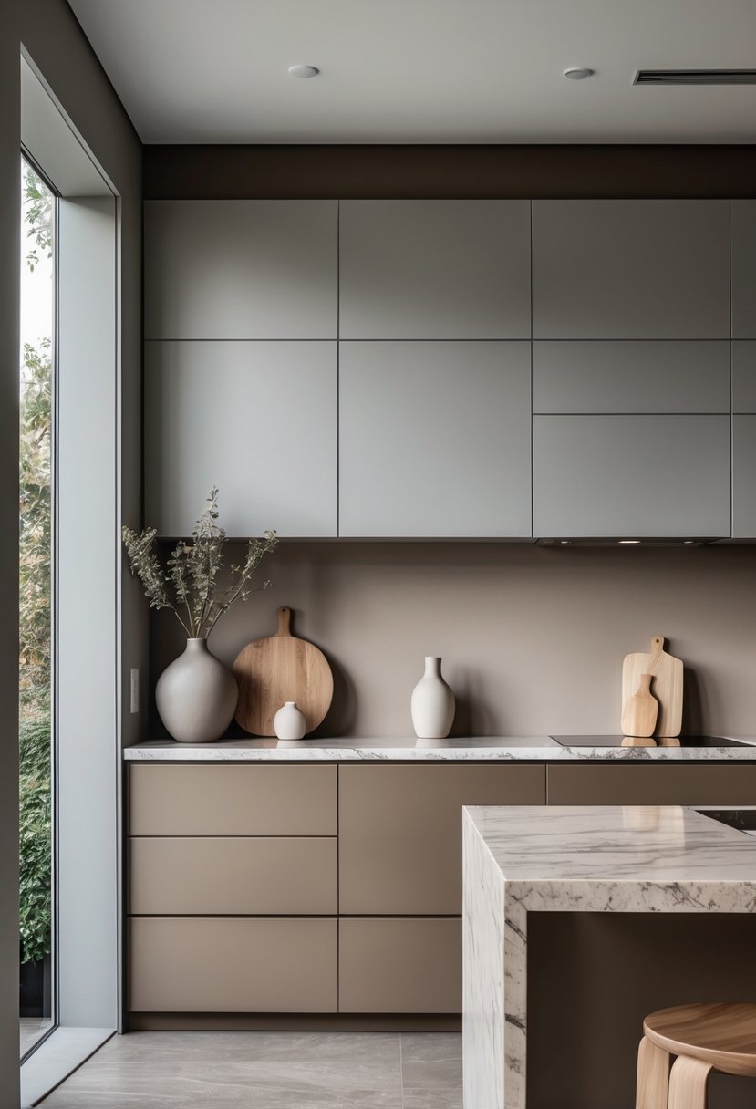 Pantone-Like Kitchen Color Trends For Modern And Timeless Design 24 A modern kitchen with gray and brown cabinets, marble countertops, stainless steel appliances, and natural light coming through large windows.