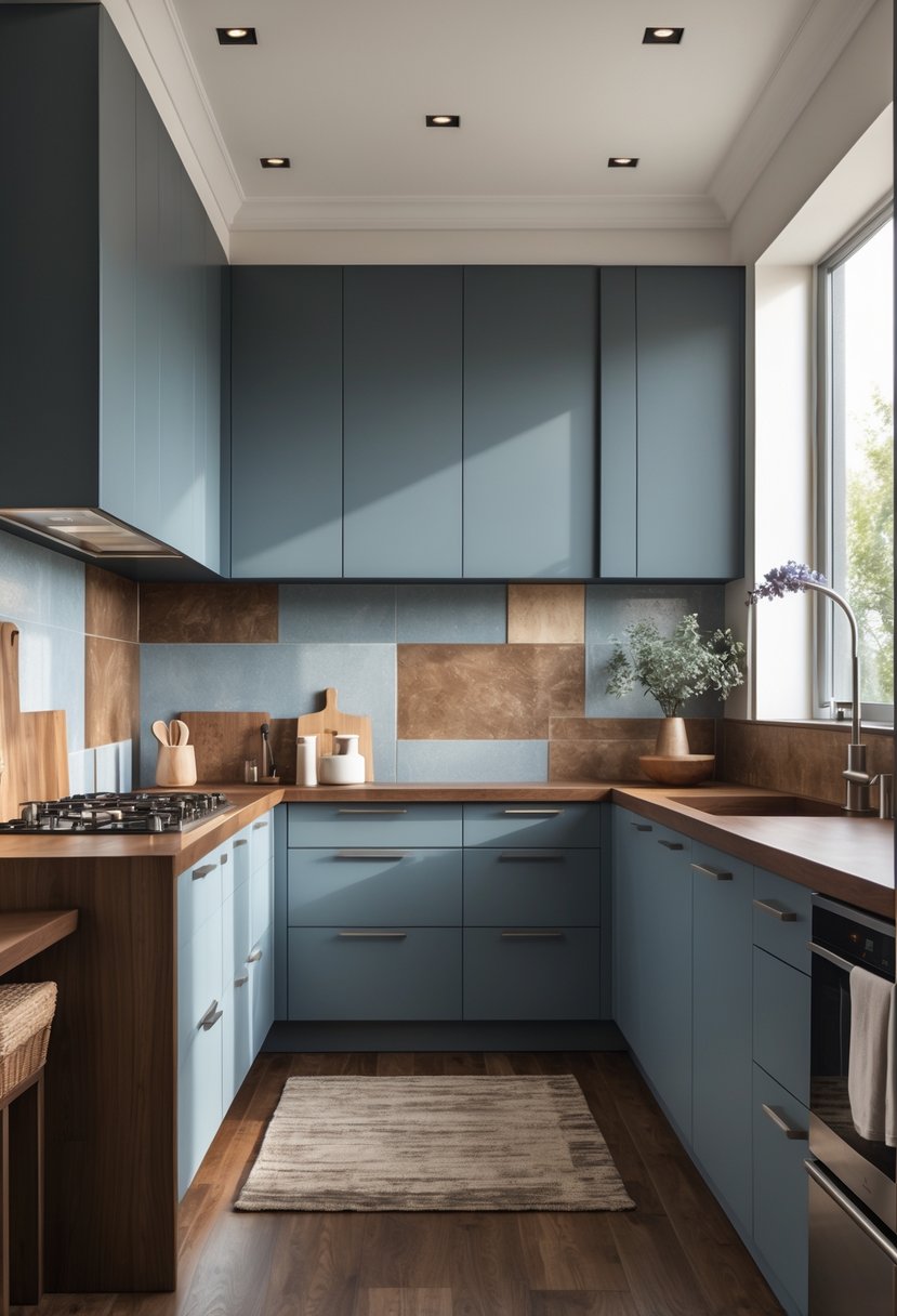 Pantone-Like Kitchen Color Trends For Modern And Timeless Design 26 A modern kitchen with dusty blue cabinets and brown wooden countertops illuminated by natural light.