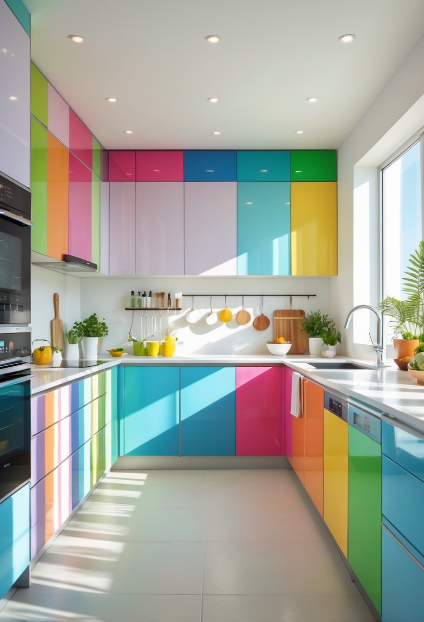 Pantone-Like Kitchen Color Trends For Modern And Timeless Design 27 A modern kitchen interior featuring cabinets, countertops, and decor in a variety of vibrant colors inspired by Pantone shades.