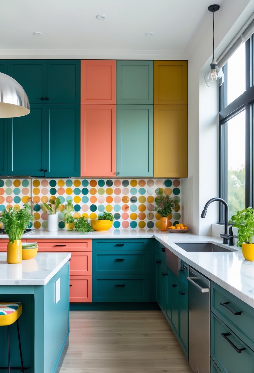 Pantone-Like Kitchen Color Trends For Modern And Timeless Design 28 A modern kitchen with colorful cabinets, geometric backsplash tiles, stainless steel appliances, and natural light coming through large windows.