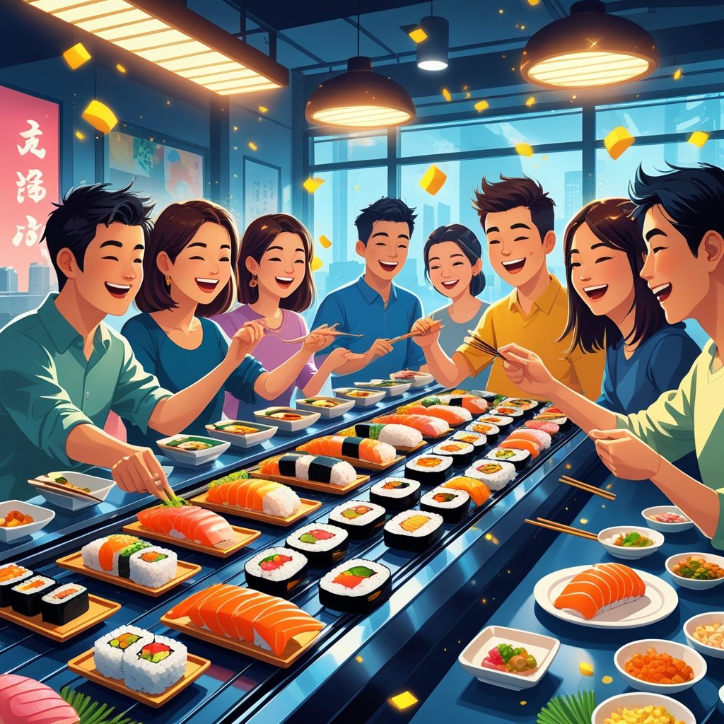 Suasana restoran sushi berjalan dengan pelanggan yang senang memilih sushi dari konveyor yang penuh dengan piring sushi berwarna-warni.