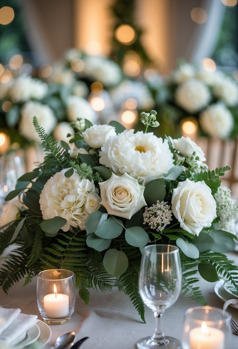 A table with white floral centerpieces and green leaves set for an evening wedding with soft warm lighting.