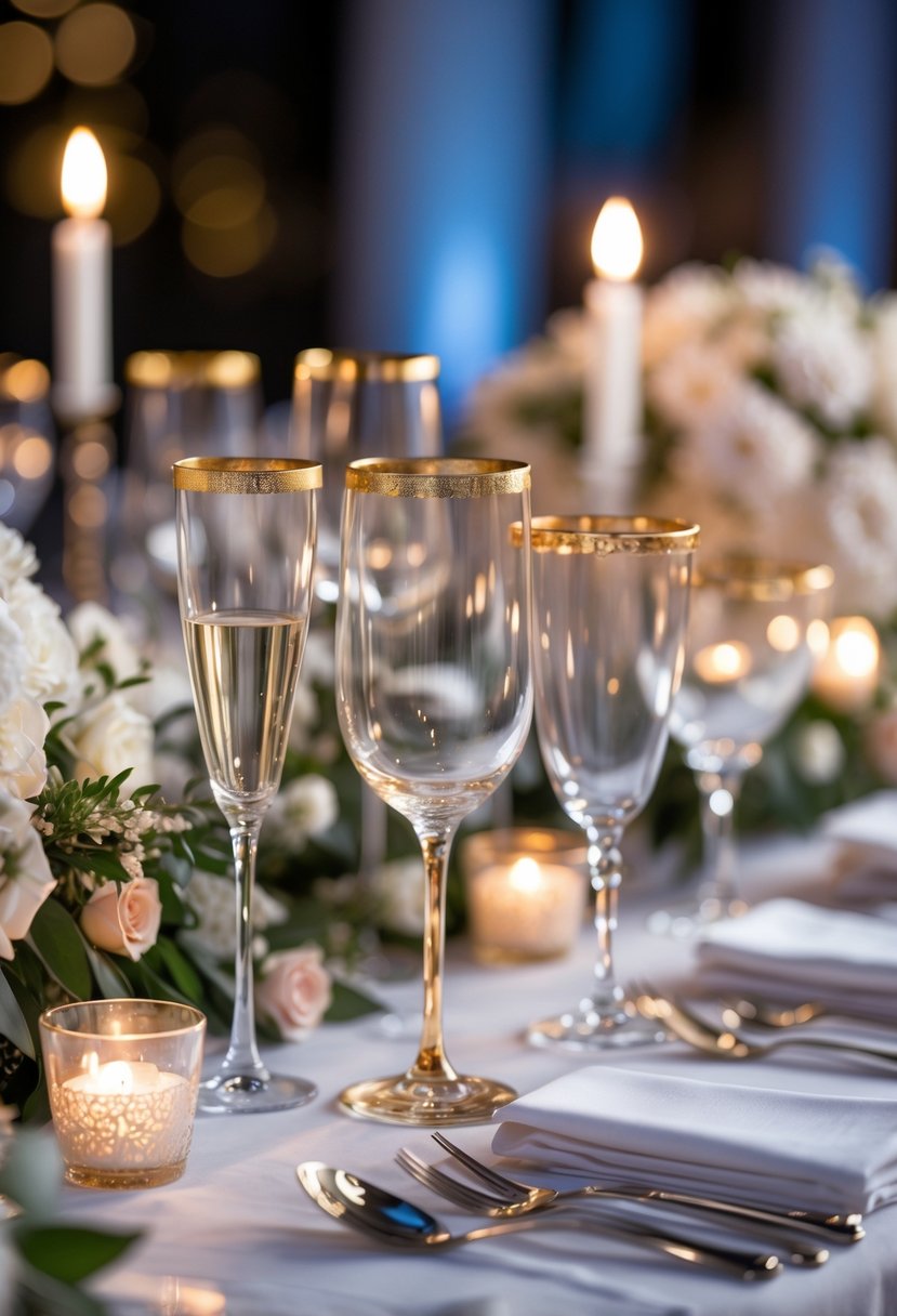 A wedding table set with gold-rimmed glasses, floral arrangements, candles, and elegant tableware.