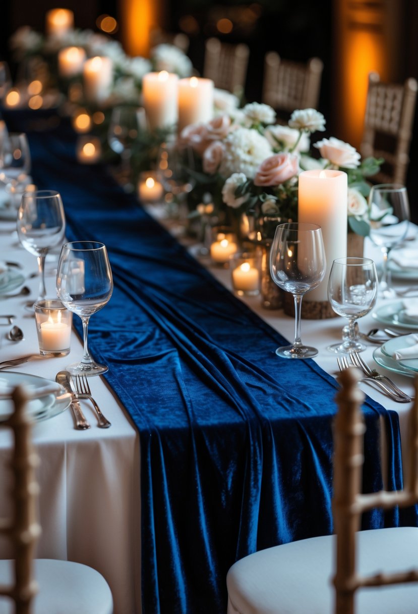 A long wedding table set with navy blue velvet table runners, white flowers, candles, and elegant dinnerware.