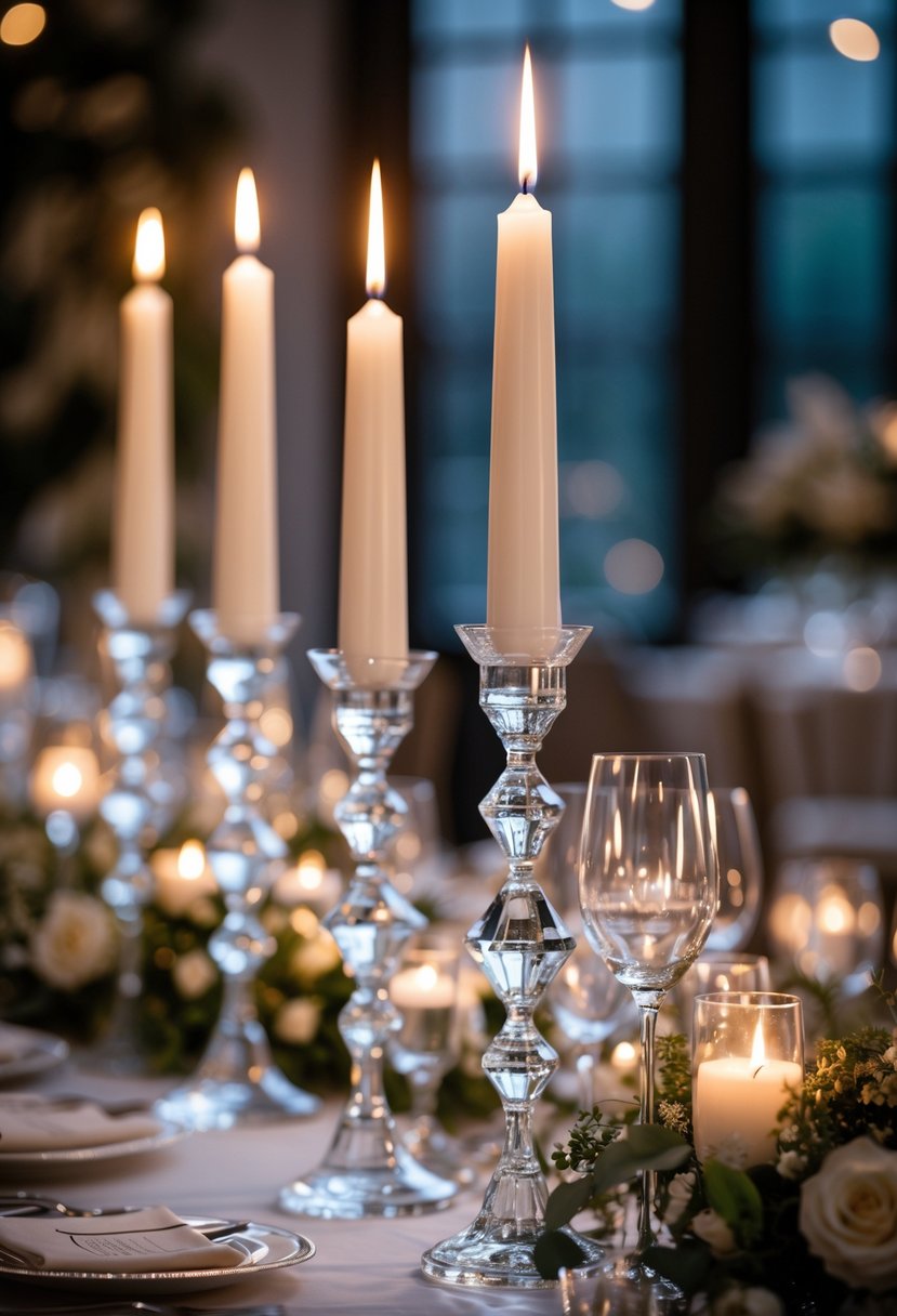 Tall crystal candle holders with lit tapered candles on a wedding table surrounded by soft lighting and floral decorations.