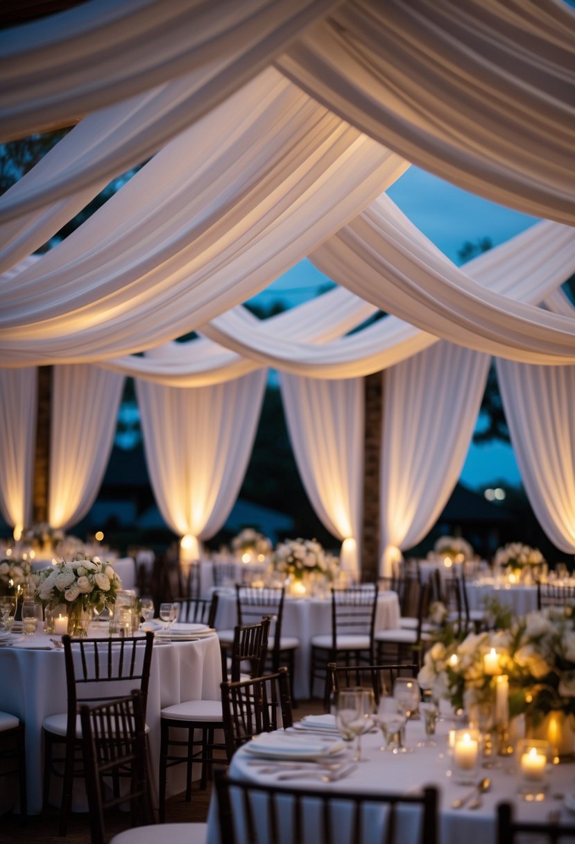 An evening wedding venue with white draping, soft uplighting, tables with floral centerpieces, and candlelight.