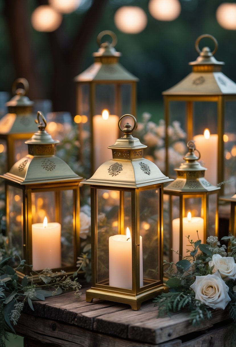 A group of vintage brass lanterns with glowing LED candles arranged on a wooden surface with greenery and flowers.