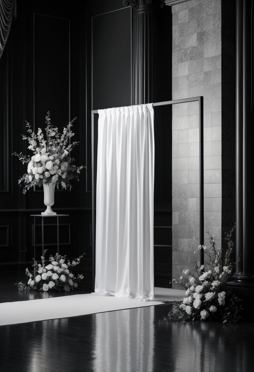 A black and white photo of a wedding photo booth with an elegant backdrop and tasteful floral decorations.