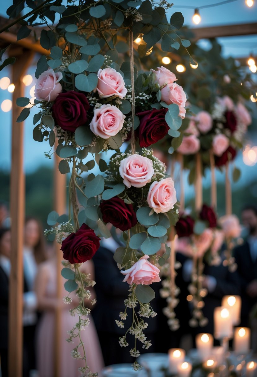 Hanging floral arrangements with roses and eucalyptus leaves at an evening wedding venue.