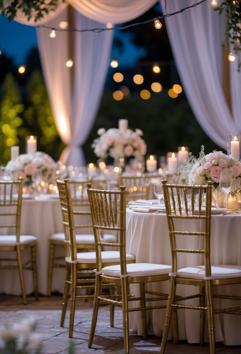 A wedding reception with antique gold chairs arranged around decorated tables under warm evening lighting.