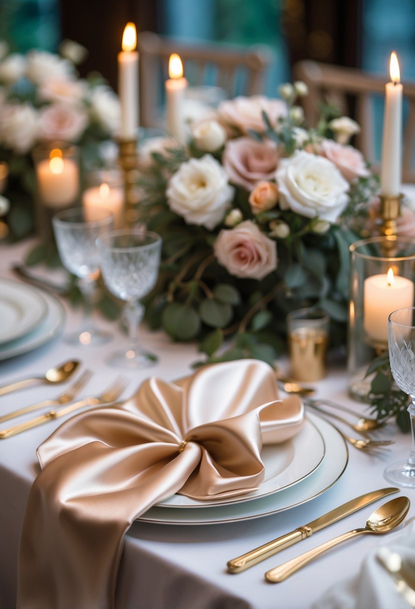 A wedding table set with champagne-colored satin napkins, white plates, floral centerpieces, gold cutlery, and candles.