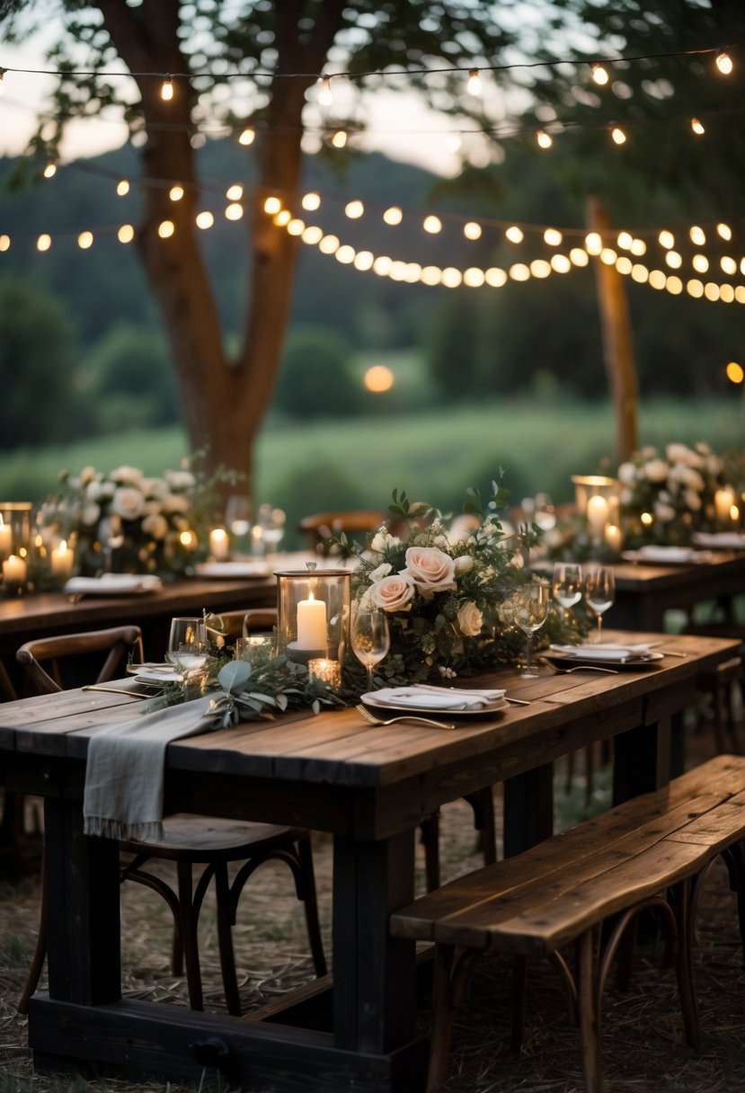 An outdoor wedding reception with dark wood tables decorated with candles, flowers, and glassware under warm evening lighting.