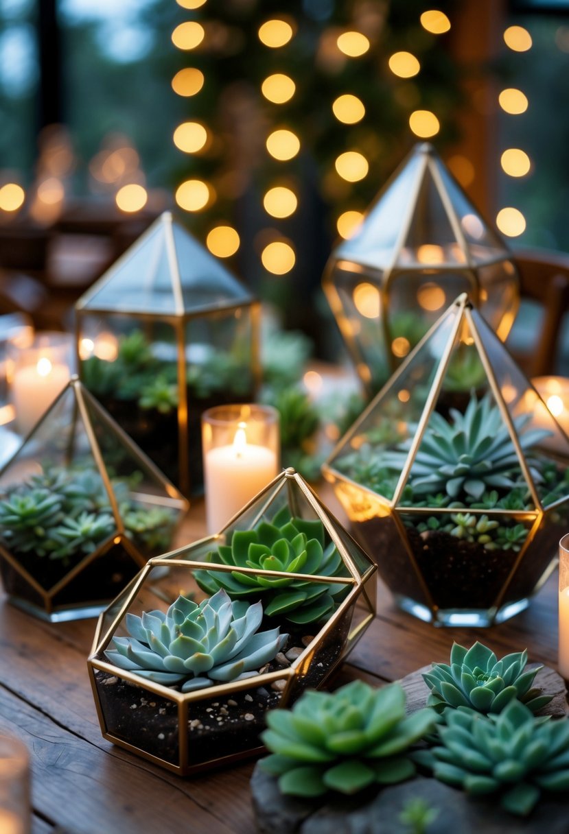 A group of geometric glass terrariums containing green succulents arranged on a wooden surface with warm evening lighting and blurred lights in the background.