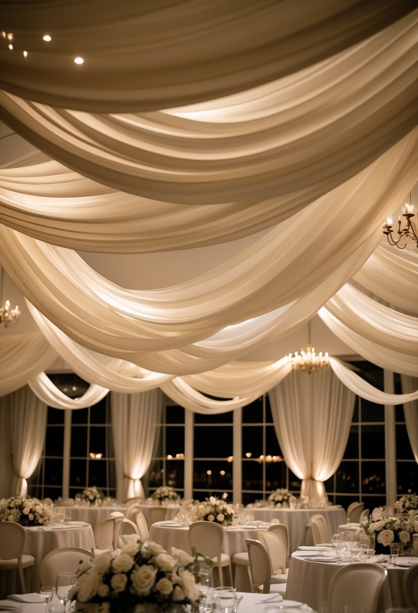 An elegant wedding venue with soft ivory fabric draped across the ceiling and warmly lit tables beneath.