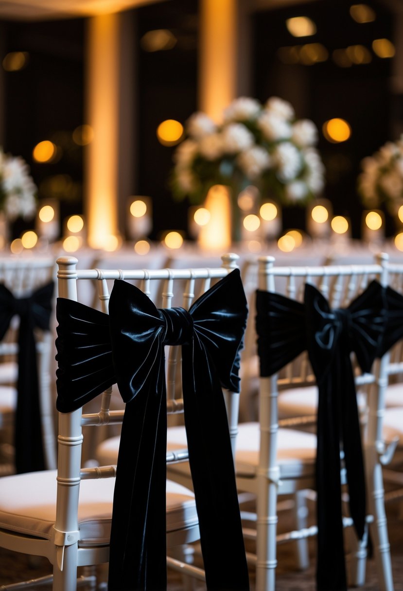 Rows of chairs with black velvet ribbon ties at an evening wedding reception.
