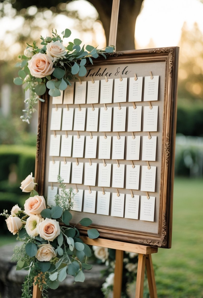 A vintage wooden frame seating chart displayed on an easel with floral decorations at a wedding venue.